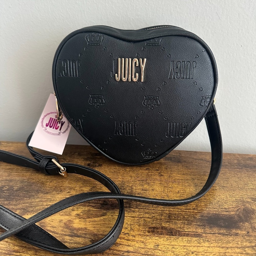 New Juicy Couture Next Crown Black Heart Crossbody Handbag Gold Wallet Cute